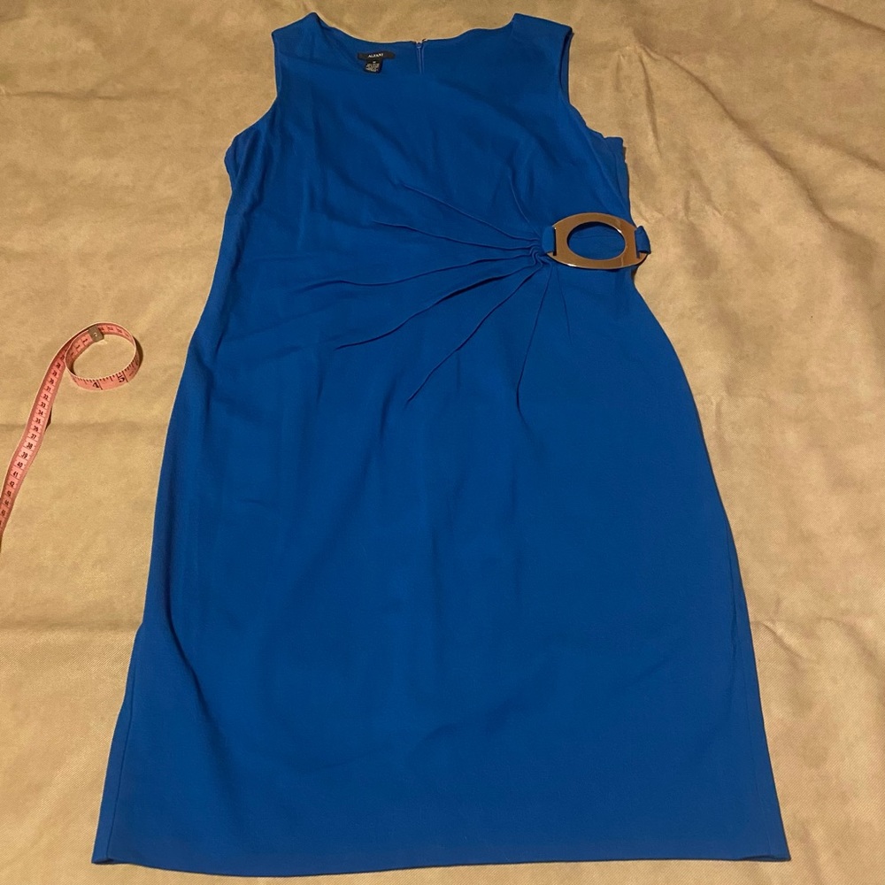Avanti sleeveless dress.  Blue, gold buckle detail.